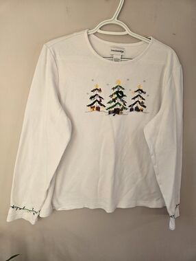 Breckenridge Christmas Tree Embroidered Holiday Sweatshirt White Size Large